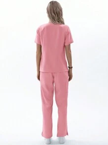 TaskEZ 1 件女式护士制服手术套装：V 领哑光上衣（带 1 个口袋）+ 弹性腰带哑光裤子（带 4 个口袋） - 粉色 - 查看 2