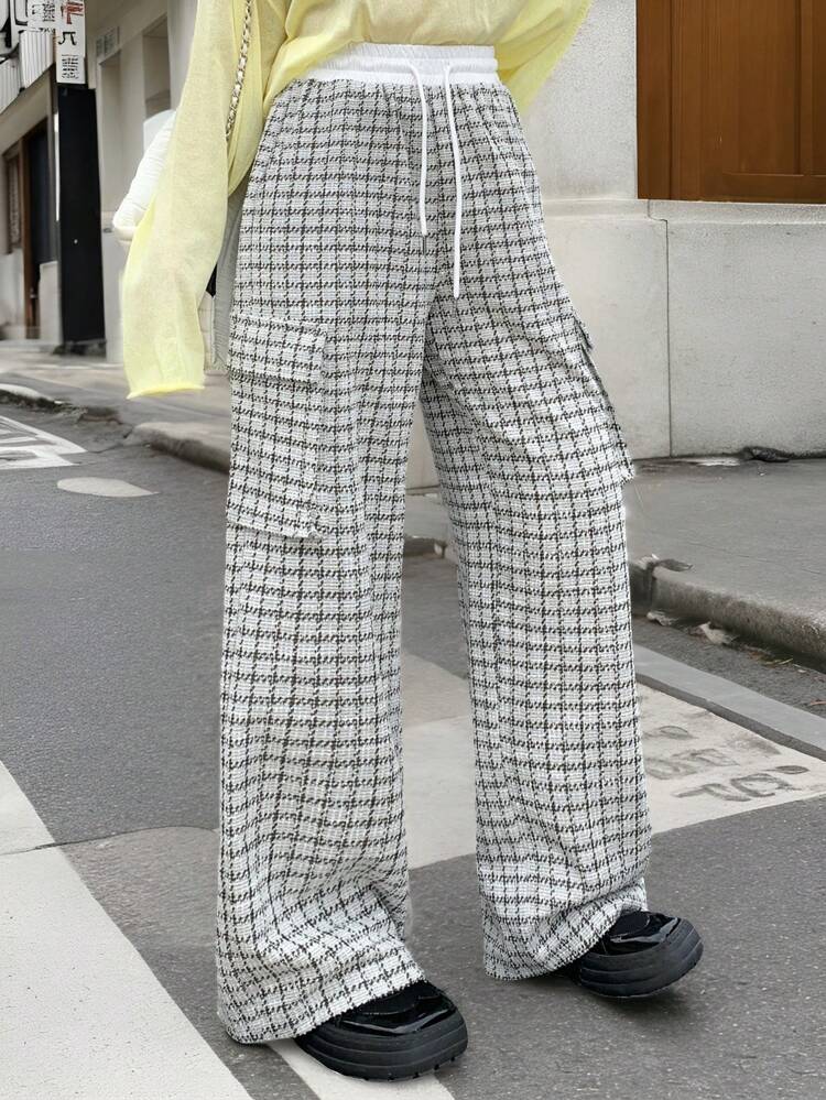 Women Check Print Pocket Design Drawstring Pants,Fall Clothes Plaid