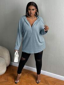 Slaydiva 大码休闲宽松连帽半拉链套头衫拉绒粗罗纹针织常规女士 T 恤 - 霧霾藍 - 查看 4