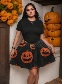 Mystic heart Váy Halloween thanh lịch cổ tròn tay ngắn in họa tiết bí ngô cỡ lớn Y2K, Váy thanh lịch mùa hè, Ngày lễ, Tiệc tùng, Kỳ nghỉ, Trang phục sinh nhật, Bãi biển, Lễ hội, Phù hợp với Ibiza - màu đen - Xem 3