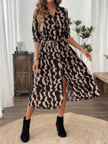 SHEIN LUNE Women Spring Autumn Casual All-Over Print Button Front Shirt Dress Fall Clothes Women Office Dress