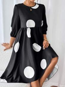 SHEIN Unity Women's Polka Dot Allover Print Round Neck Mid-Sleeve Ruched Casual Beach Dress - Multicolor - View 5