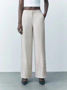Maija Women's Wide Leg Loose Fit Elegant Office Trousers With Pockets & Rhinestone Decor