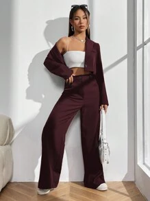 SHEIN ChicEase 2 件纯色领口前排纽扣短款上衣和裤子休闲套装 - 酒紅色 - 查看 3