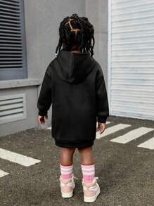 SHEIN Young Girl Knitted Solid Color Letter Pattern Hooded Loose Casual Sweatshirt - Black - View 2
