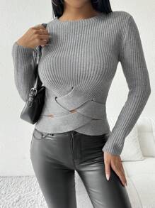 RosyDaze Women's Solid Color Casual Crossed Long Sleeve Sweater Knit Pullover Fall Winter Outfit - Grey - View 3