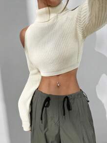 StreetHx 女士纯色高领长袖露肩毛衣、休闲日常装、长袖上衣 - 白色 - 查看 7