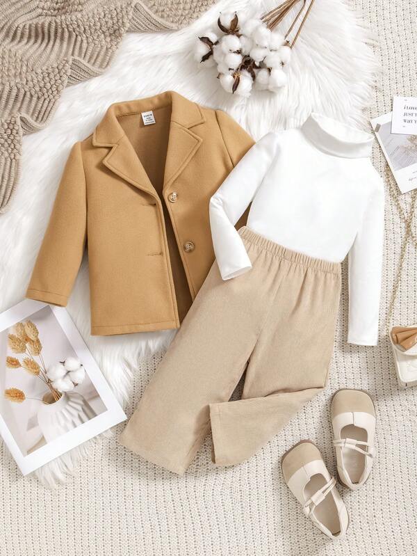 SHEIN 3pcs/Set Baby Girl Corduroy Jacket, Long Sleeve Top And Pants Set, Autumn Winter
