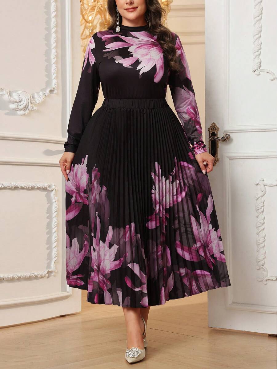 Modelyn Bộ 2 chiếc áo cánh cổ bẻ in hoa cỡ lớn và chân váy nhún - Nhiều màu - Xem 1