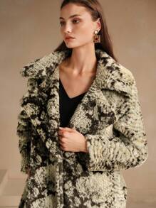 Anewsta 女士时尚蓬松蛇皮纹理长外套，秋冬 - 卡其色 - 查看 3