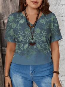 EMERY ROSE Summer Casual Vintage Pattern V-Neck Fitted Plus Size Women T-Shirt