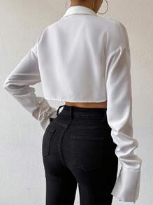 Chiquease Asymmetrical Design, Puff Sleeves, Button Front Cropped Shirt,Long Sleeve Tops Fall Cloth For Women - White - View 2