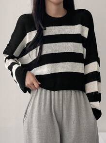 DAZY 女士条纹宽松针织毛衣 - 黑與白 - 查看 2