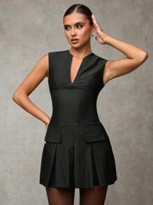 SHEIN BAE 纯色翻领细节褶皱下摆连衣裙 低腰褶皱修身版型 复古风格 教师装 办公室装 工作女装 A 字裙 无袖连衣裙 秋季女装 商务女装 - 黑色 - 查看 3