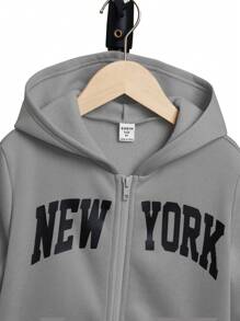 SHEIN Leap Crew Conjunto de 2 piezas para niños preadolescentes compuesto por una chaqueta con cierre de cremallera de unicolor cómoda y casual con estampado de letras y pantalones de forro polar de unicolor a juego, acolchado - Gris - Ver 4