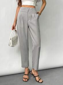 SHEIN Privé Women's Elegant Commuter Minimalist Fashion High-Waist Straight Leg Pants - Grey - View 1