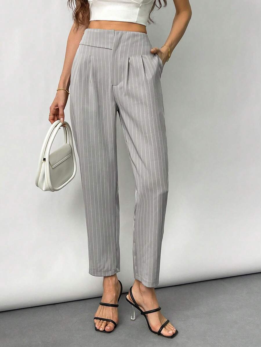 SHEIN Privé Women's Elegant Commuter Minimalist Fashion High-Waist Straight Leg Pants - Grey - View 1