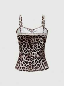 ROMWE Goth Y2K Sweet Leopard Print Patchwork Hồng Ren Hem Crop Top cho Nữ - Nhiều màu - Xem 2