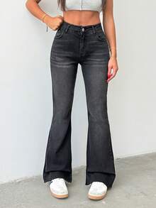 Cottnline 98% 纯棉低腰开衩喇叭腿牛仔裤 - 灰色 - 查看 9