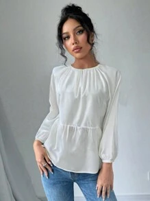 SHEIN Privé Women's Summer Casual Elegant Vacation Loose White Blouse With Tie Back, Lantern Sleeves And Ruffle Hem Fall Blouses