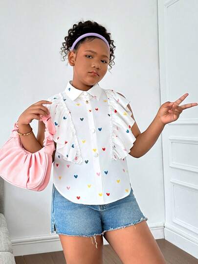 SHEIN Tween Girls' Oversized Colorful Heart Print Ruffle Trim Sleeveless Blouse