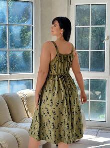 Flirla Vestido Plus Size de Veludo Cotelê Pinafore, Floral Verde Oliva - Multicolorido - Ver 3