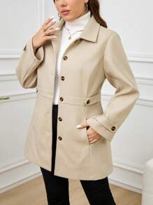 SHEIN LUNE Plus Size Women's Solid Color Simple Long Sleeve Knitted Overcoat, For Winter Fall Cloth For Women Autumn - Apricot - View 6