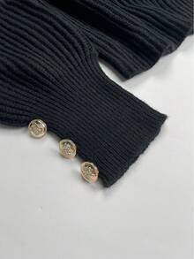 Women's All-Match Loose V-Neck Button Knit Sweater, Casual Versatile Lightweight Ribbed Pullover, Black - Black - View 8