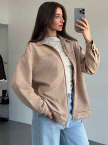 Aloruh Women's Mid-Length Zipper Pocket Fitted Jacket - Khaki - View 1