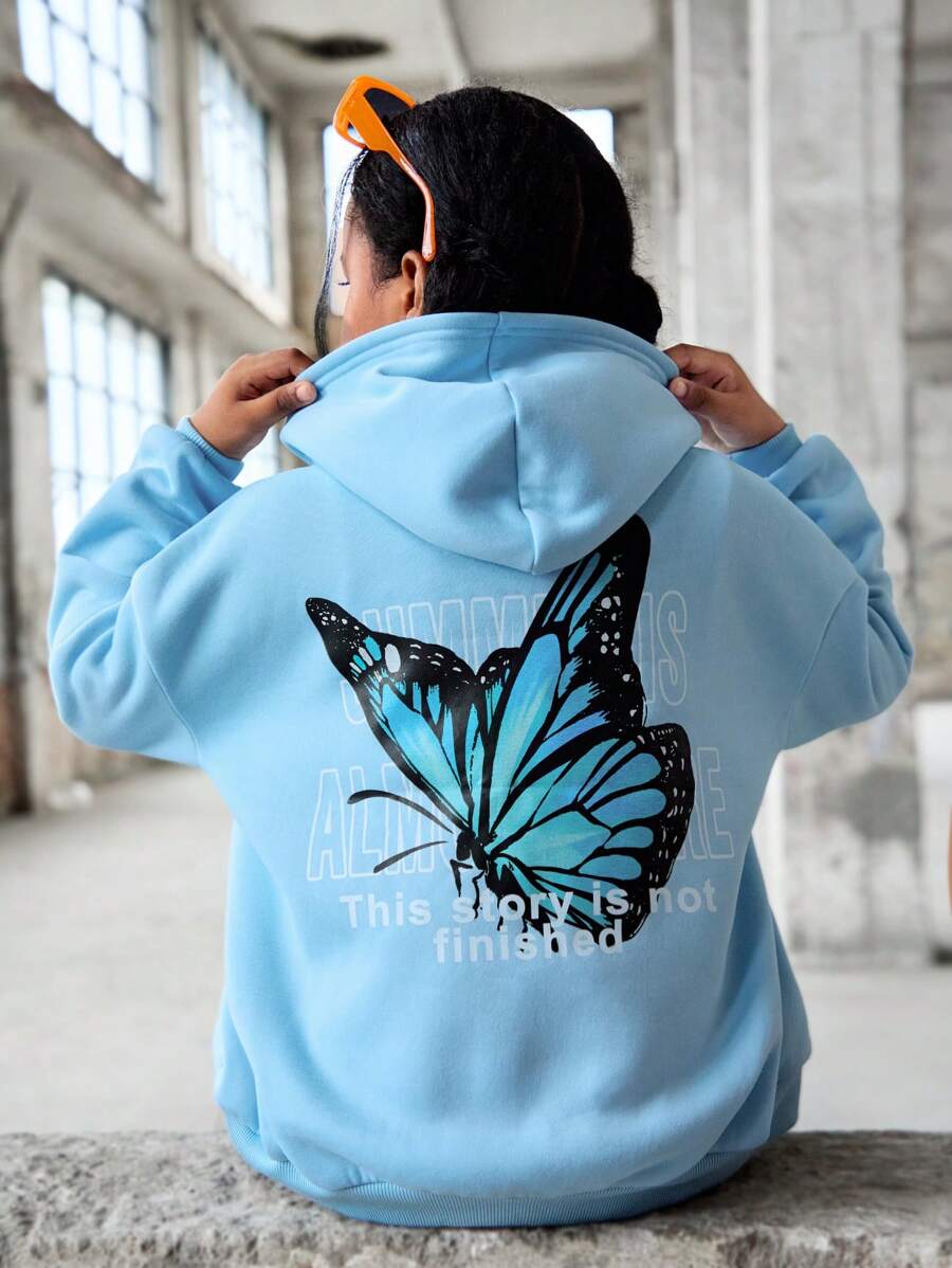 SHEIN Tween 女童休闲蝴蝶印花保暖内衬连帽卫衣 - 藍色 - 查看 1