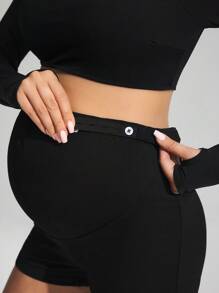 SHEIN 孕妇纯色镂空简约上衣和短裤休闲运动装，适合孕妇 - 黑色 - 查看 6