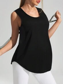 SHEIN Pregnant Women's Solid Color Crew Neck Asymmetric Hem Sleeveless Sports Top, Summer, For Maternity - Black - View 5