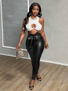 Slaydiva Elegantes leggins finos de PU con cintura asimétrica atada - E - Negro - Ver 4