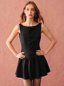 Enchnt Autumn Fashionable Women's Elegant Bow Decor  Black  Princess Dress