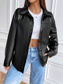 SHEIN Unity 女式翻领 PU 皮夹克，长袖，休闲街头风格时尚仿皮黑色夹克 - 黑色 - 查看 6