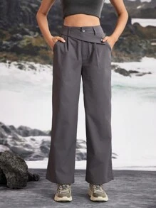 In My Nature 女士纯色前扣口袋休闲户外长裤，日常穿着 - 灰色 - 查看 3