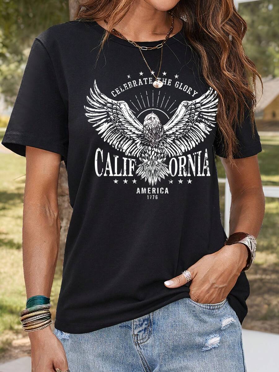 EMERY ROSE Áo thun cotton cổ tròn tay ngắn họa tiết đại bàng và chữ California Casual dành cho nữ, phù hợp cho mùa hè - màu đen - Xem 1