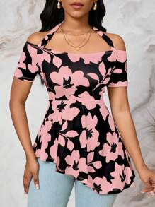 SHEIN Lady 花卉印花不对称下摆黄色露肩衬衫，夏日海滩 - 粉色 - 查看 3