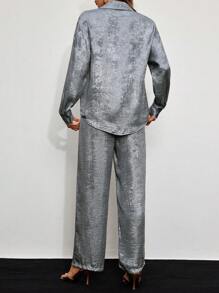 SHEIN Clasi 2pcs Metallic Feel Casual Button Front Long Sleeve Shirt & Pants Set - Silver - View 2