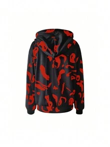 Áo hoodie in chữ màu tương phản thời trang dành cho nữ, áo dài tay - Đỏ - Xem 2