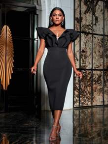 Faeriesty 深 V 领分层荷叶边鸡尾酒会礼服优雅舞会半正式婚礼宾客礼服，适合生日、毕业典礼、晚宴、返校节派对礼服 - 黑色 - 查看 1