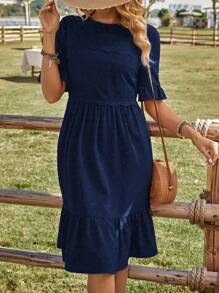 EMERY ROSE Women Plain Simple Round Neck Short Sleeve Casual Dress - Navy Blue - View 4