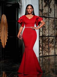 Faeriesty Rhinestone Detail Ruffle Sleeves Mermaid Hem Formal Prom Dress - Red - View 5