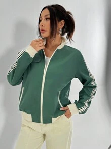 SHEIN Unity Women's Contrast Stripe Stand Collar Long Sleeve Jacket Fall Winter Cloth For Women - Green - View 6
