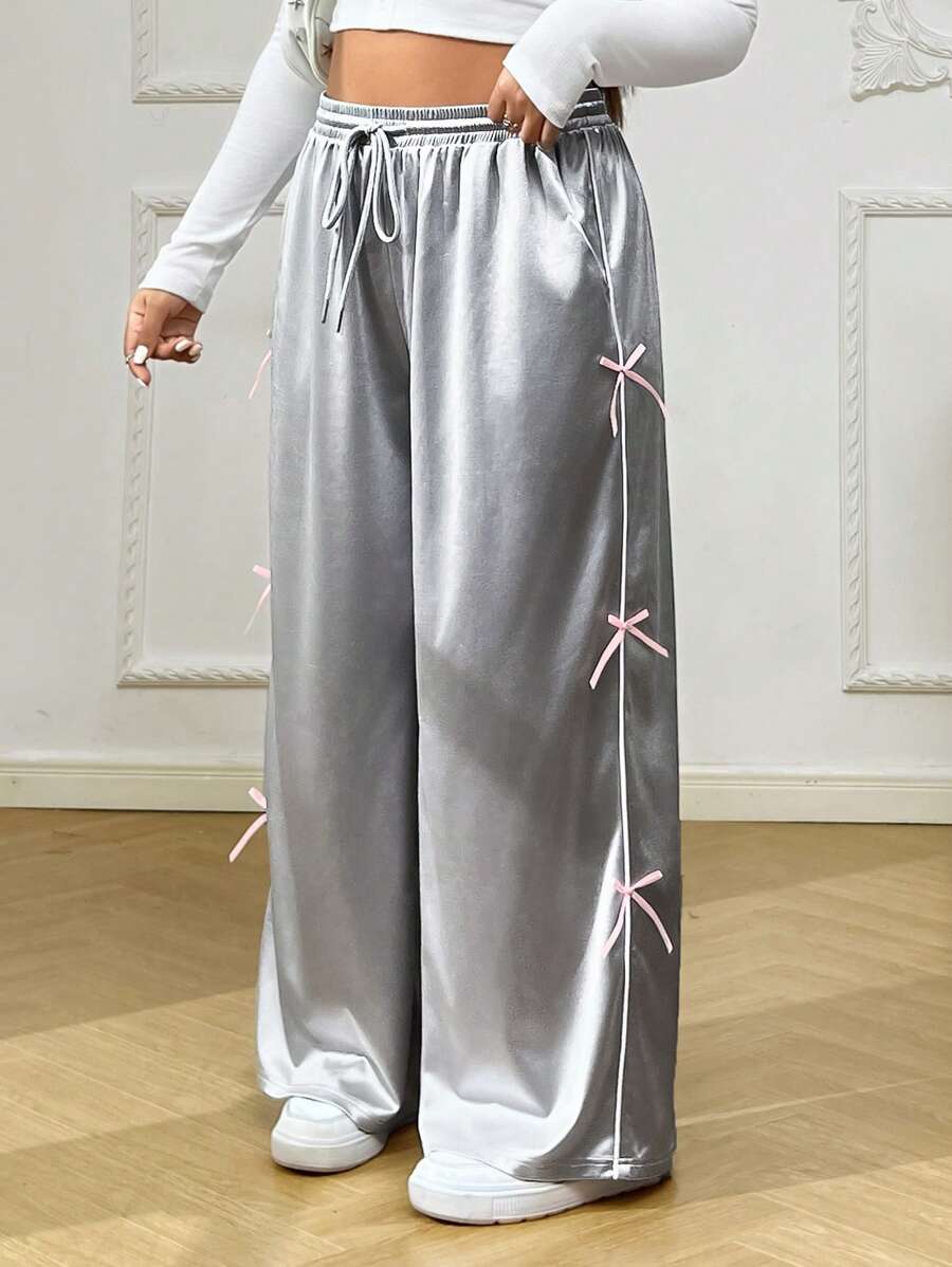 SHEIN EZwear Plus Size Women Solid Color Front Tie Bow Decor Casual Pants - Silver - View 1