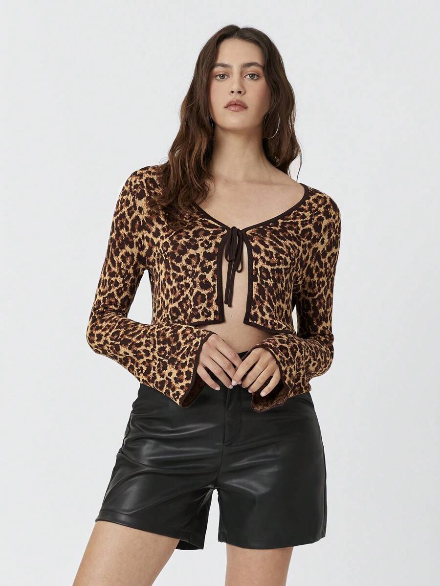 SHEIN EZwear Lightweight Leopard Print Knitted Cardigan, Spring Summer - Brown - View 1