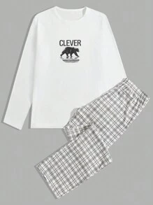 Cotton Men Bear Printed Regular Longsleeve Homewear Set - White - View 8