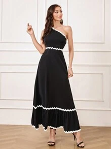 SHEIN Belle Women's Color Block Woven Tape Splicing Asymmetric Neckline Evening Gown,Semi Formal Prom Dress For Wedding Guest,Birthday,Graduation Homecoming - Black - View 6