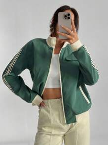SHEIN Unity Women's Contrast Stripe Stand Collar Long Sleeve Jacket Fall Winter Cloth For Women - Green - View 1