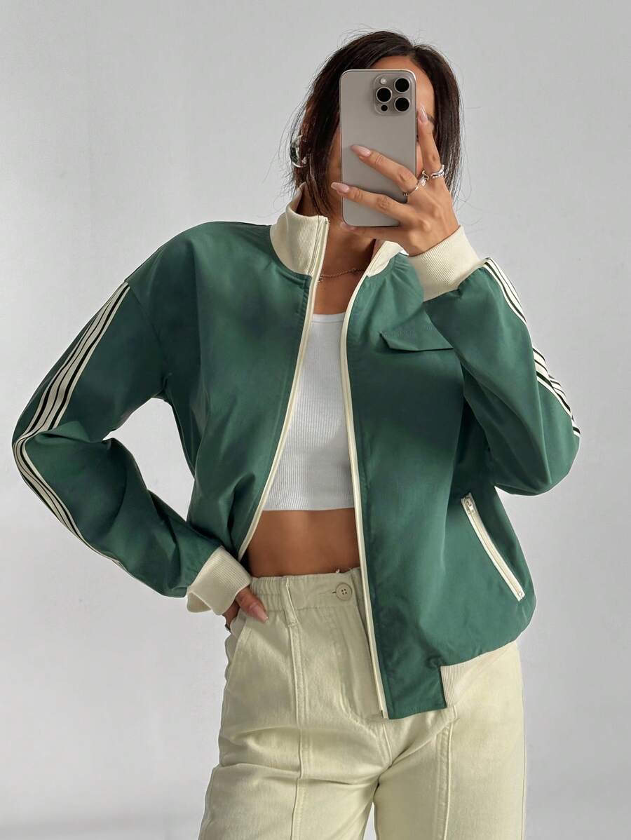 SHEIN Unity Women's Contrast Stripe Stand Collar Long Sleeve Jacket Fall Winter Cloth For Women - Green - View 1